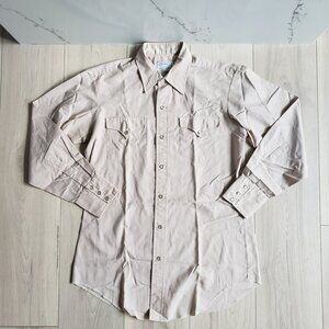 VTG H Bar C California Ranchwear Shirt Mens M Long Tail Khaki Pearl Snap USA